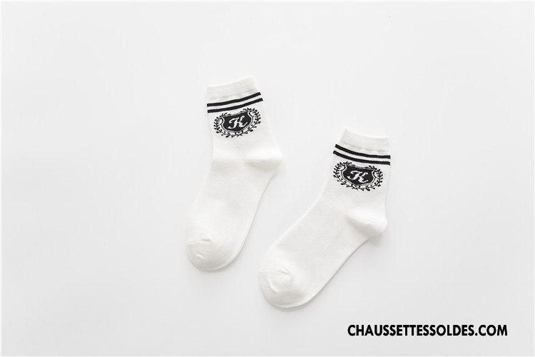 Chaussettes Mi Hautes Femme 100% Coton L'automne Rayé Hiver Plaine Milieu Blanc