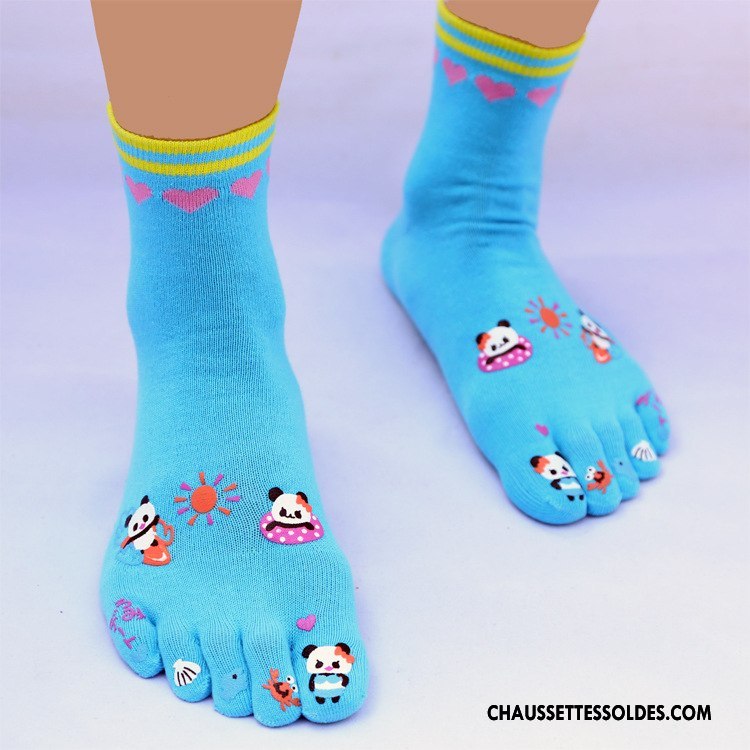 Chaussettes Mi Hautes Femme Cinq Doigts Hiver Chaussettes En Coton Dame Personnalité Longue Bleu