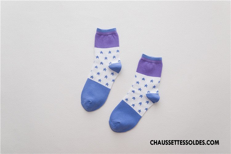 Chaussettes Mi Hautes Femme Frais 100% Coton Le Nouveau Plaine Chaussettes En Coton Points Couleurs Mixtes Bleu