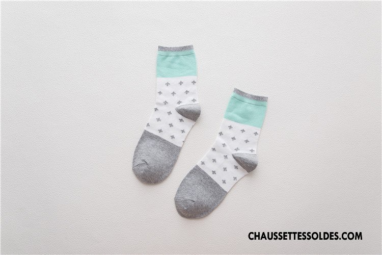 Chaussettes Mi Hautes Femme Frais 100% Coton Le Nouveau Plaine Chaussettes En Coton Points Couleurs Mixtes Bleu