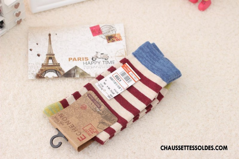 Chaussettes Mi Hautes Femme Haute Qualité Rétro Rayé Longue Classique Bordeaux